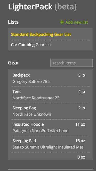 calculate backpack weight packlighter gear list